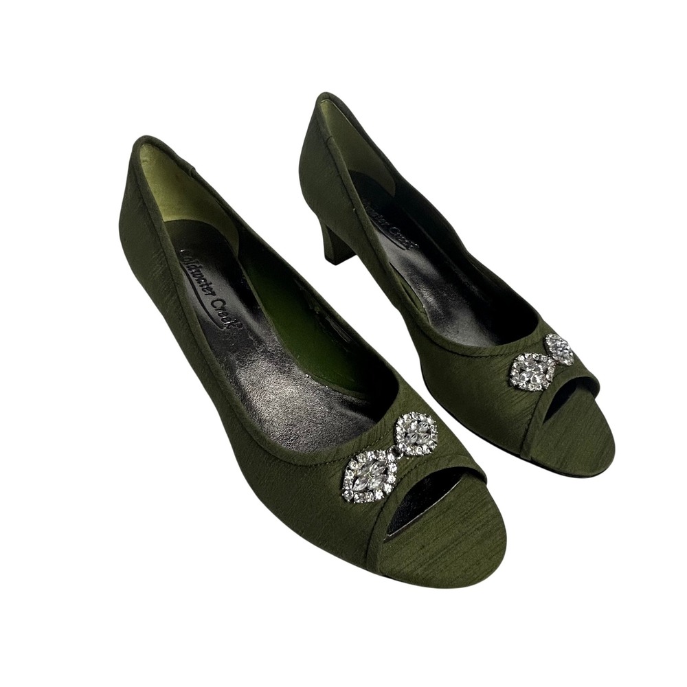 Coldwater Creek Olive Green Rhinestone Bow Peep Toe Kitten Heel Pumps 9M